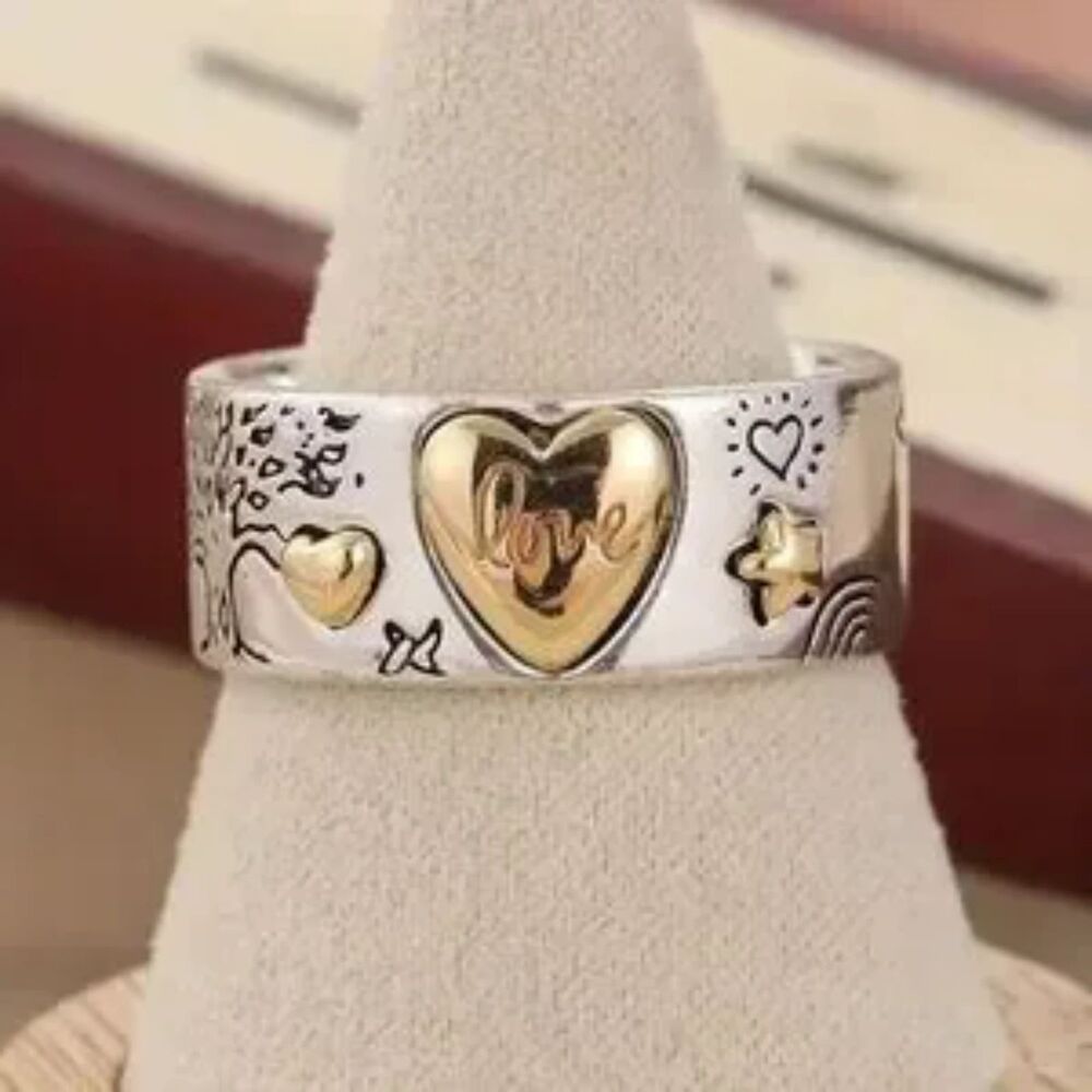 Wide 2-Tone Silver & Gold Etched Band Ring Textured Chunky Love Heart Star sz 9